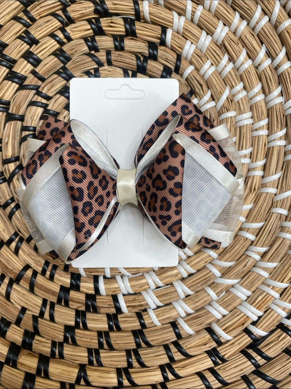 Leopard Print and Cream Layered Hair Bow for Kids